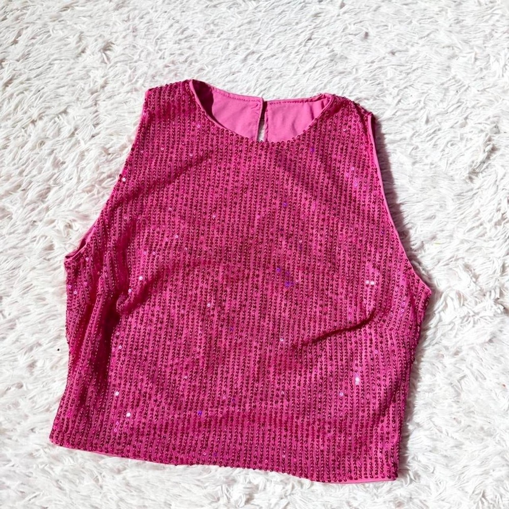 Hot Pink Sequin Disco Retro Maximalist Barbie Core Cropped Tank Womens L Femme